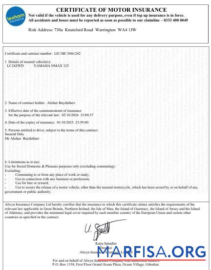 Blank UK Certificate of Motor Insurance download for verification